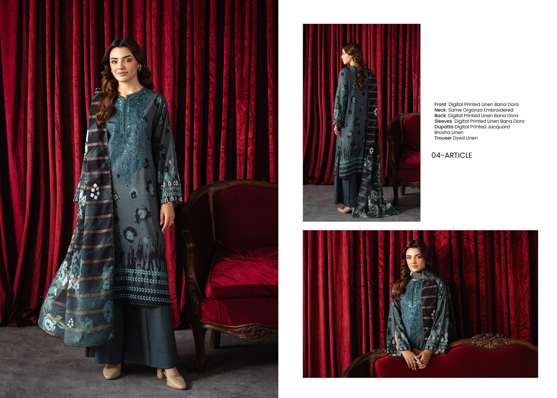 SAHA 3-PIECES LUXURY LINEN STITCHED - 017